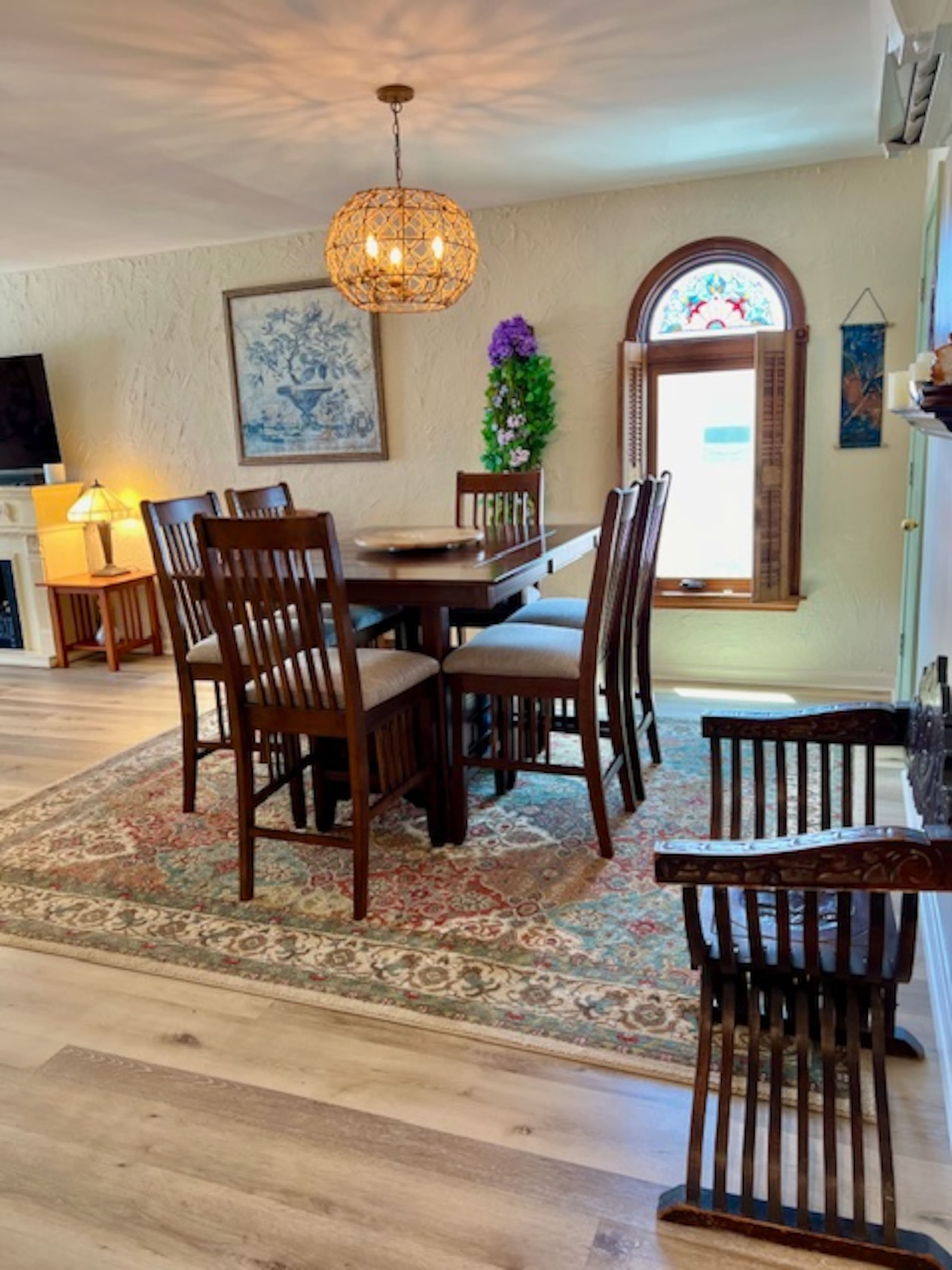 Dining table set for six with pendant lighting